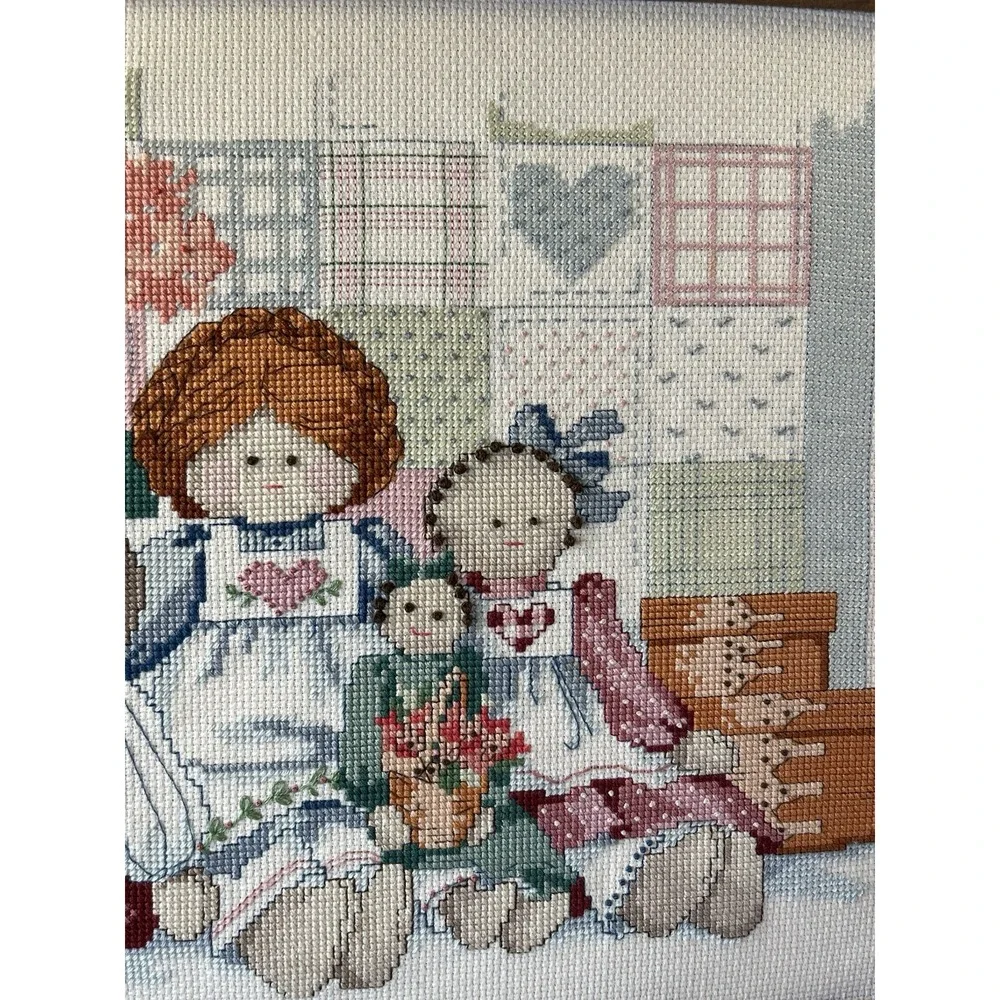 Vintage Needlepoint Handmade Wall Art Wood Frame Mother & Daughters Dolls 15x12